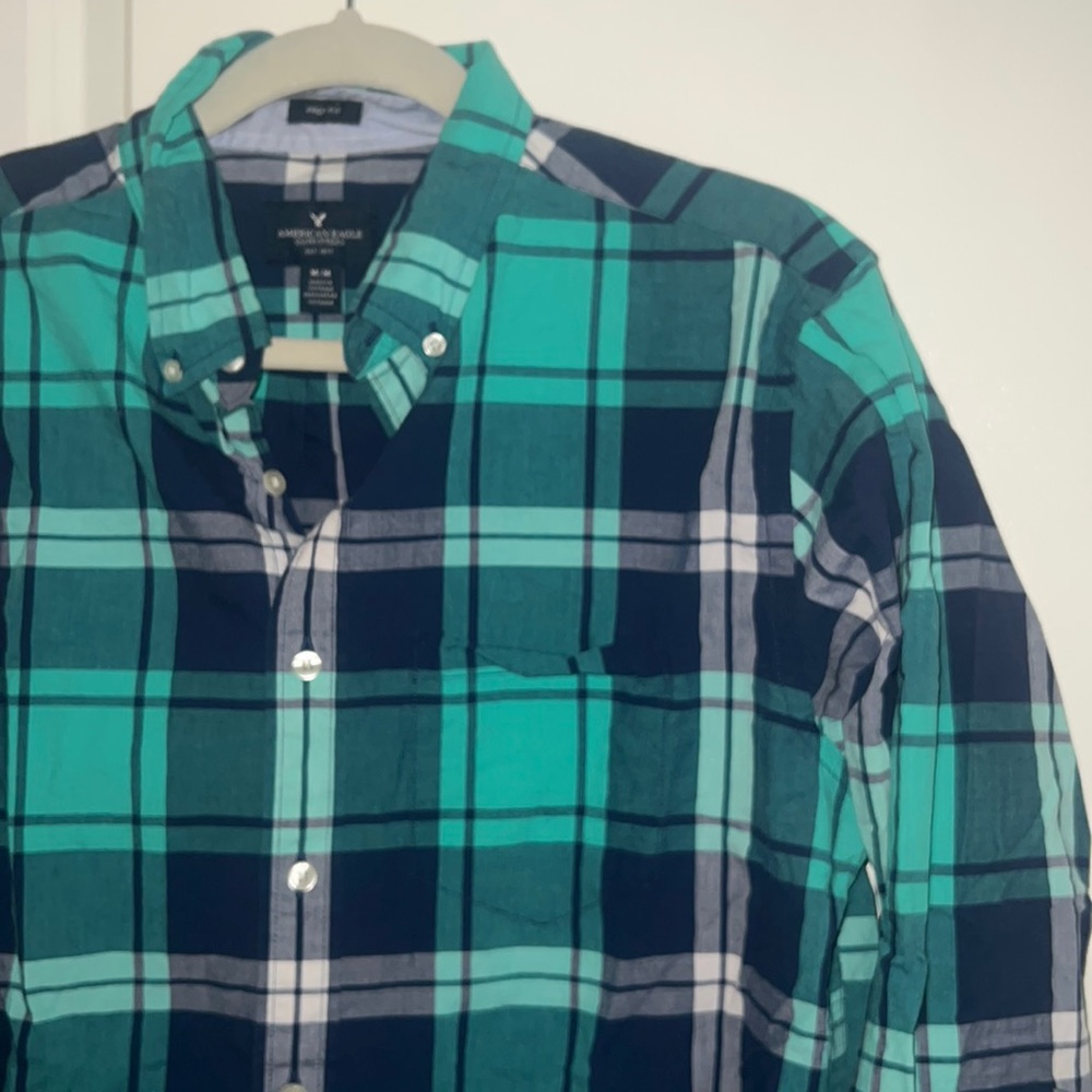 Aeo Navy And Teal Checkered Pattern Button Down - image 4